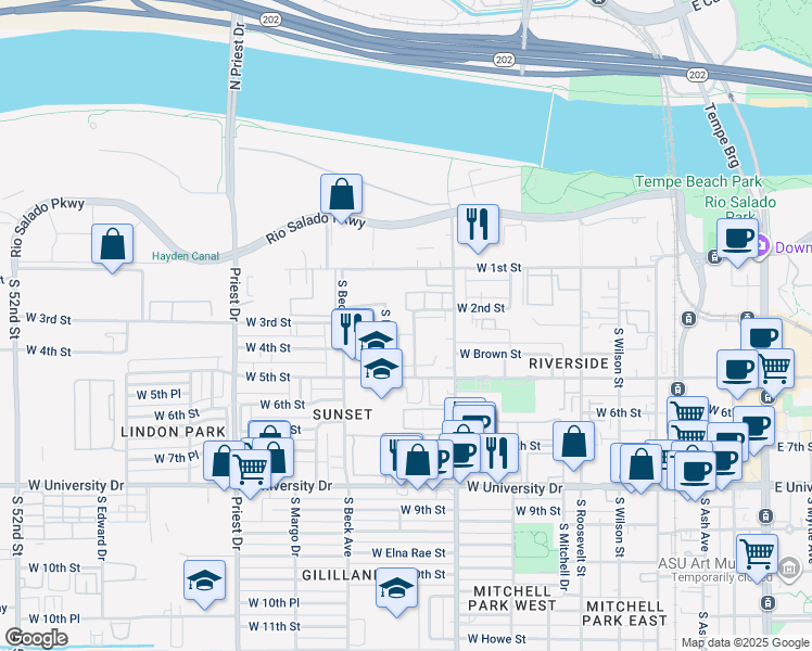 map of restaurants, bars, coffee shops, grocery stores, and more near 206 South Westfall Avenue in Tempe