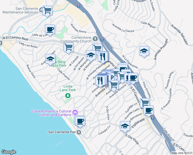 map of restaurants, bars, coffee shops, grocery stores, and more near 316 North Ola Vista in San Clemente