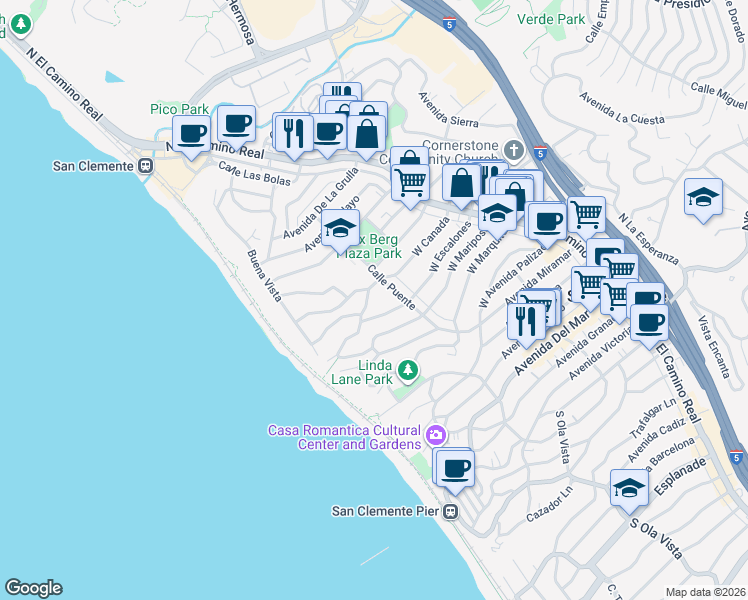 map of restaurants, bars, coffee shops, grocery stores, and more near 815 Calle Puente in San Clemente