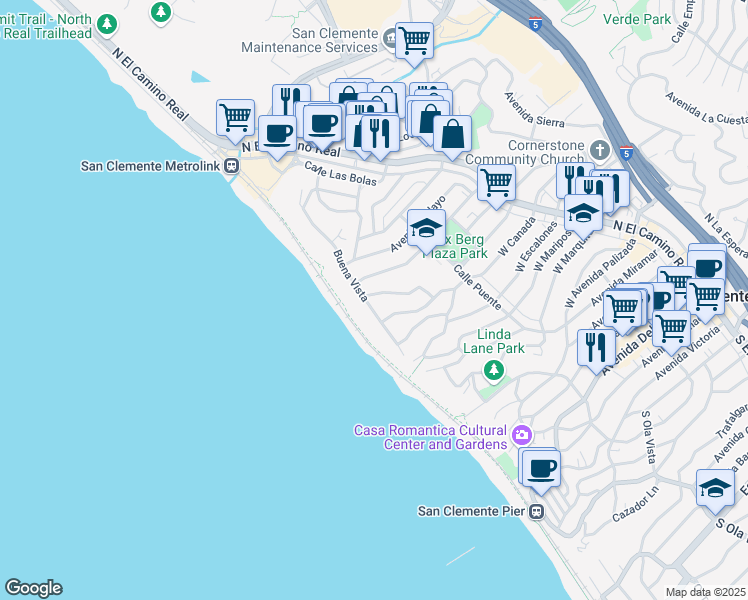 map of restaurants, bars, coffee shops, grocery stores, and more near 1102 Buena Vista in San Clemente