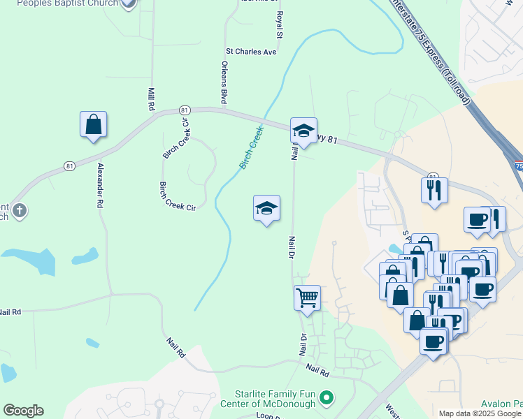 map of restaurants, bars, coffee shops, grocery stores, and more near 133 Nail Drive in McDonough