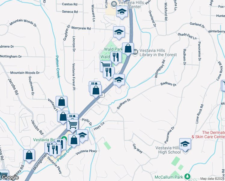map of restaurants, bars, coffee shops, grocery stores, and more near 1330-1342 Montgomery Hwy in Vestavia Hills