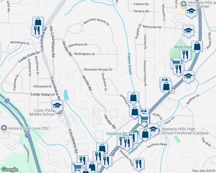 map of restaurants, bars, coffee shops, grocery stores, and more near 2721 Southview Drive in Vestavia Hills