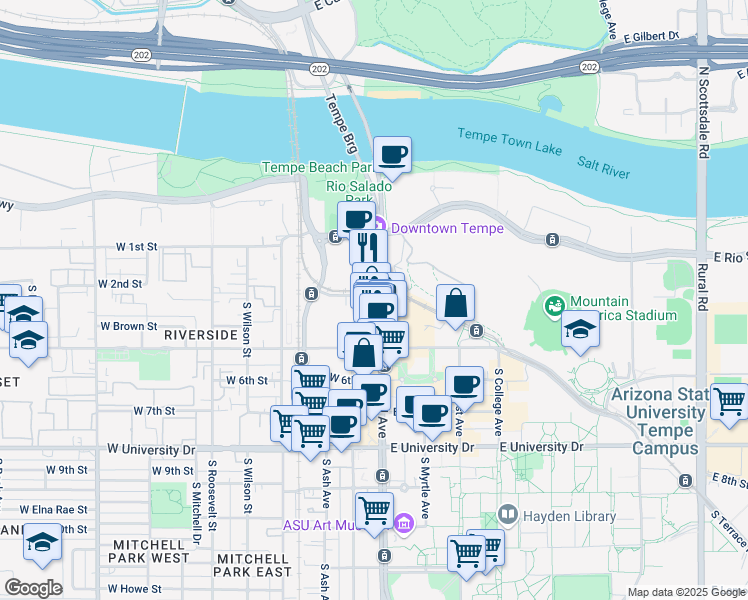 map of restaurants, bars, coffee shops, grocery stores, and more near 310 South Mill Avenue in Tempe