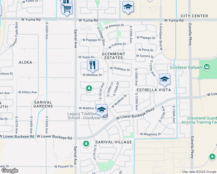 map of restaurants, bars, coffee shops, grocery stores, and more near 2035 South 160th Lane in Goodyear