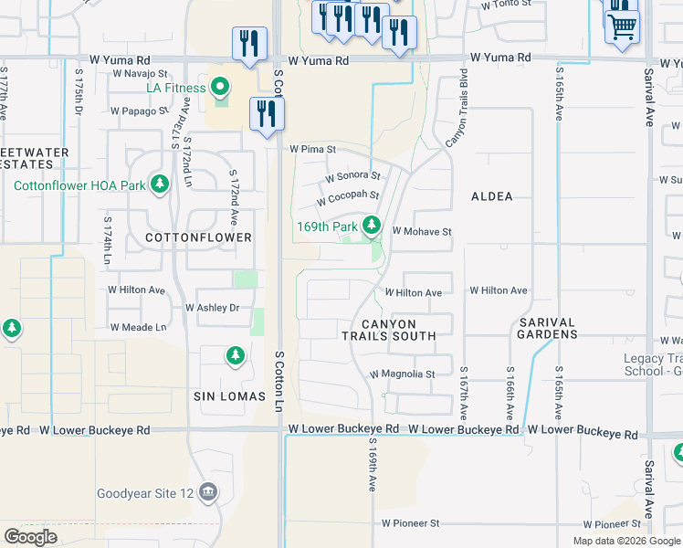 map of restaurants, bars, coffee shops, grocery stores, and more near 16950 West Hilton Avenue in Goodyear