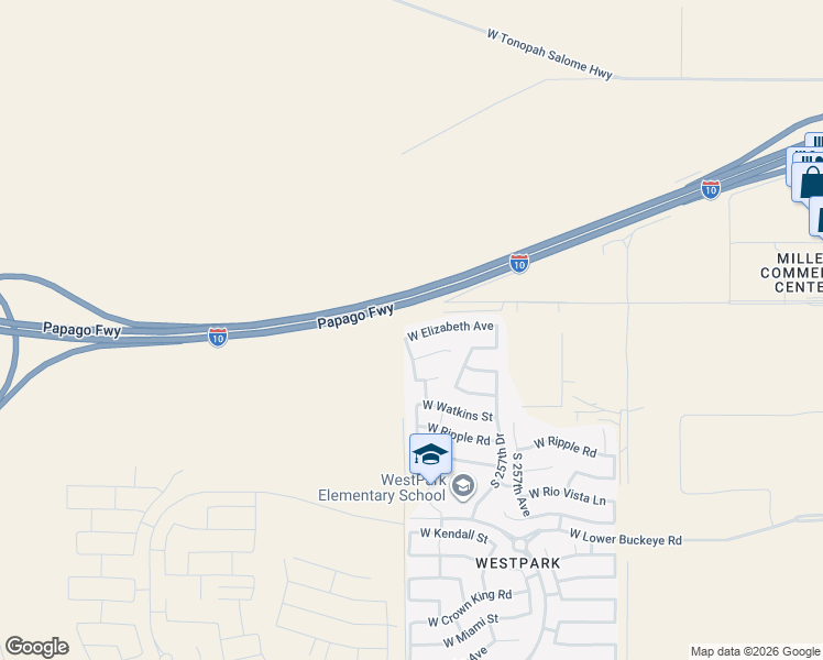map of restaurants, bars, coffee shops, grocery stores, and more near 25884 West Elizabeth Avenue in Buckeye