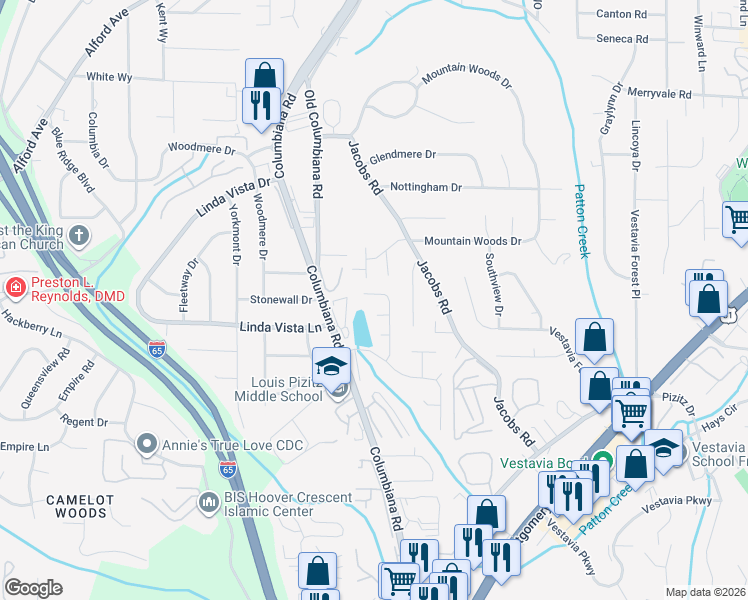 map of restaurants, bars, coffee shops, grocery stores, and more near 2508 Crossgate Place in Vestavia Hills