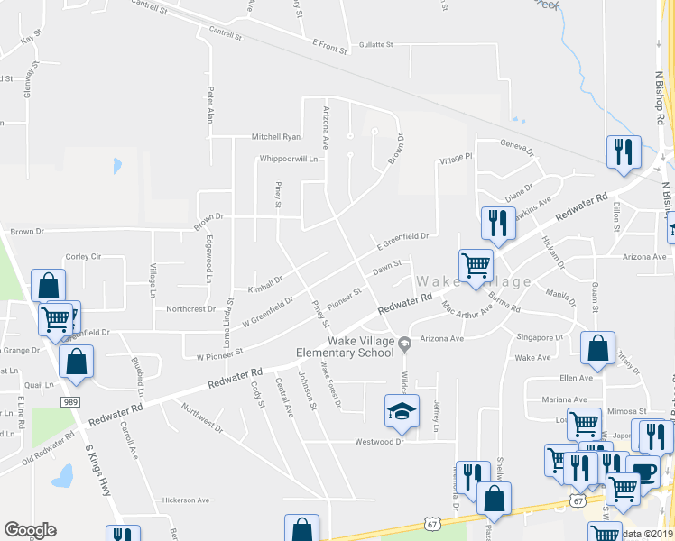 map of restaurants, bars, coffee shops, grocery stores, and more near 233 East Greenfield Drive in Wake Village