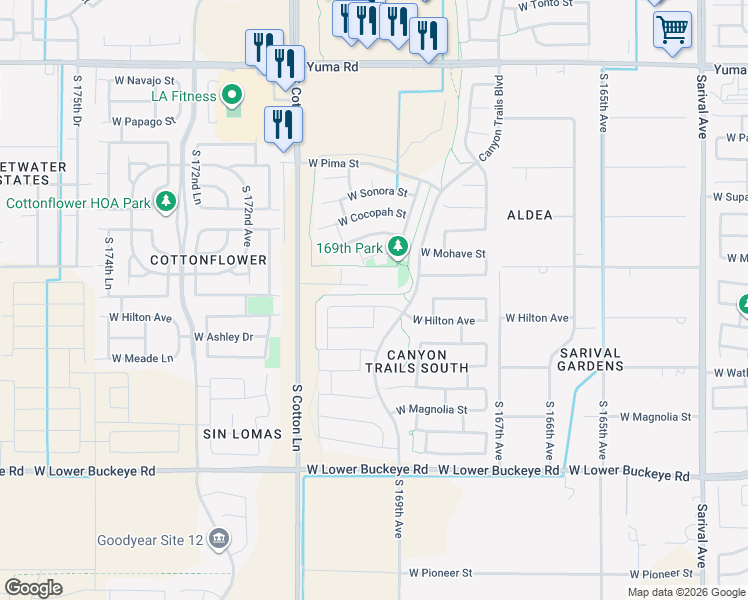 map of restaurants, bars, coffee shops, grocery stores, and more near 16950 West Hilton Avenue in Goodyear