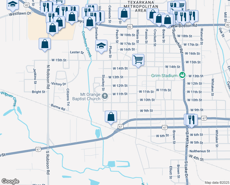 map of restaurants, bars, coffee shops, grocery stores, and more near 2406 West 11th Street in Texarkana