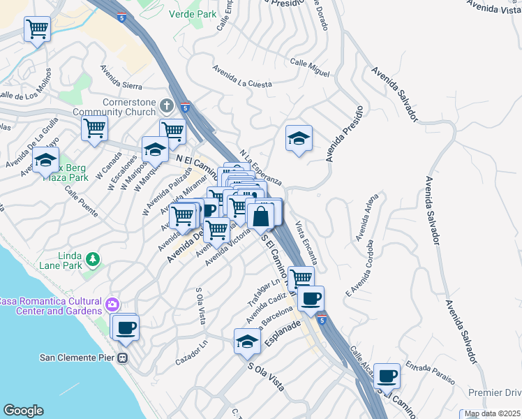 map of restaurants, bars, coffee shops, grocery stores, and more near 111 Avenida Presidio in San Clemente