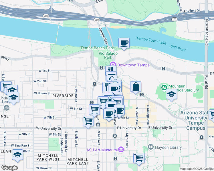 map of restaurants, bars, coffee shops, grocery stores, and more near 51 West 3rd Street in Tempe