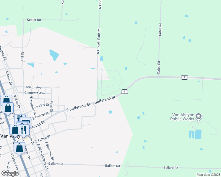 map of restaurants, bars, coffee shops, grocery stores, and more near 10571 Farm to Market 121 in Van Alstyne