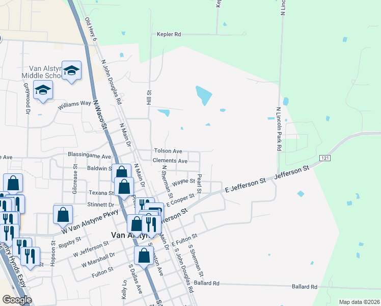 map of restaurants, bars, coffee shops, grocery stores, and more near 716 Tolson Avenue in Van Alstyne