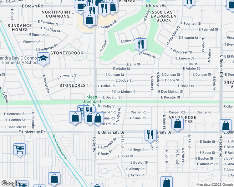 map of restaurants, bars, coffee shops, grocery stores, and more near 5342 East Des Moines Street in Mesa