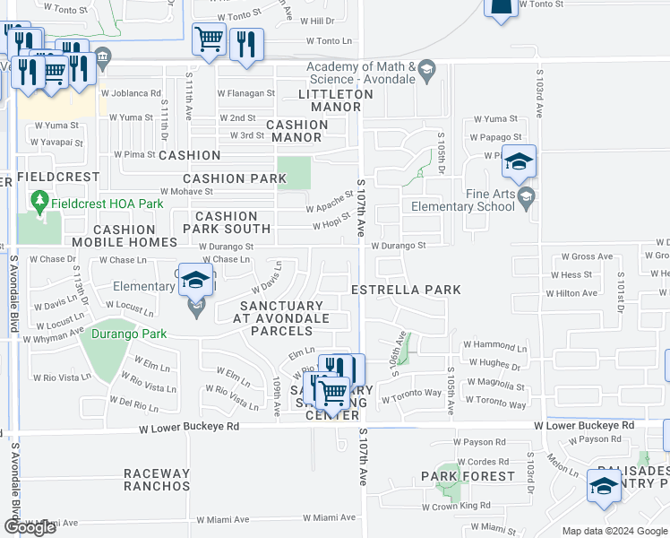 map of restaurants, bars, coffee shops, grocery stores, and more near 10760 West Overlin Lane in Avondale