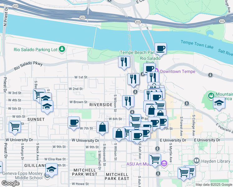 map of restaurants, bars, coffee shops, grocery stores, and more near 305 South Wilson Street in Tempe