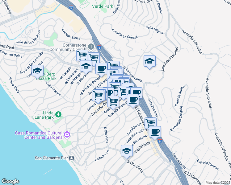 map of restaurants, bars, coffee shops, grocery stores, and more near 106 Avenida Del Mar in San Clemente