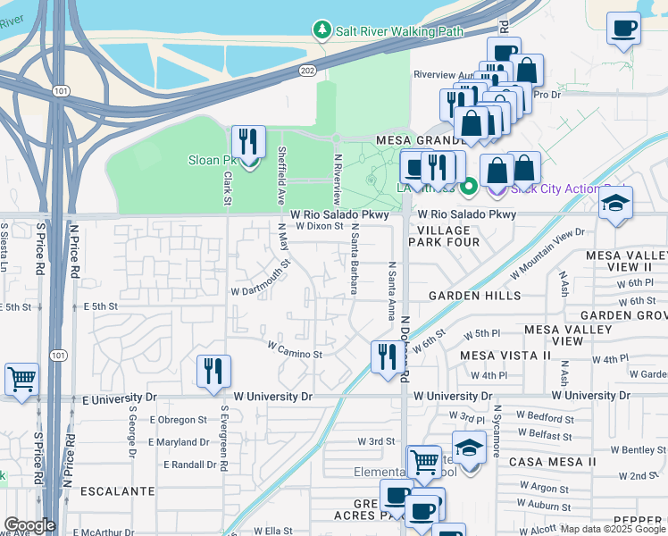 map of restaurants, bars, coffee shops, grocery stores, and more near West Village Park 2b Amd in Mesa