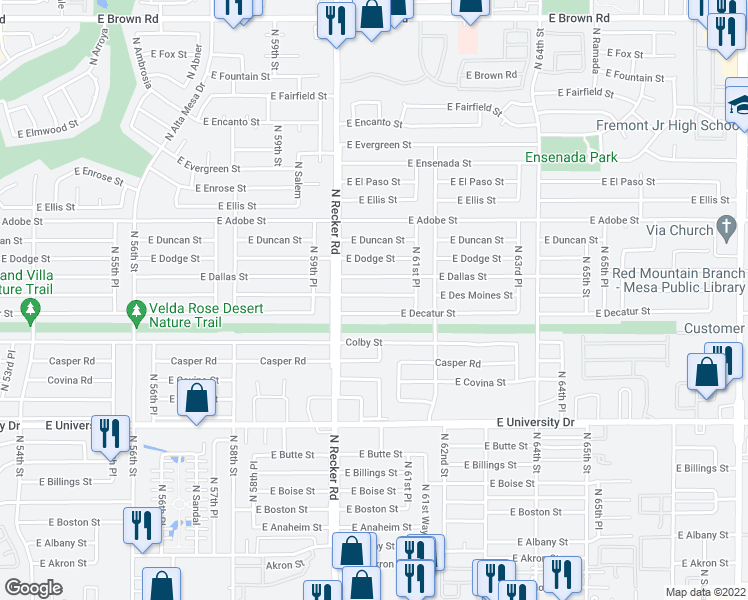 map of restaurants, bars, coffee shops, grocery stores, and more near 6049 East Des Moines Street in Mesa