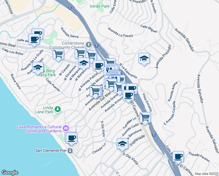 map of restaurants, bars, coffee shops, grocery stores, and more near 106 Avenida Del Mar in San Clemente