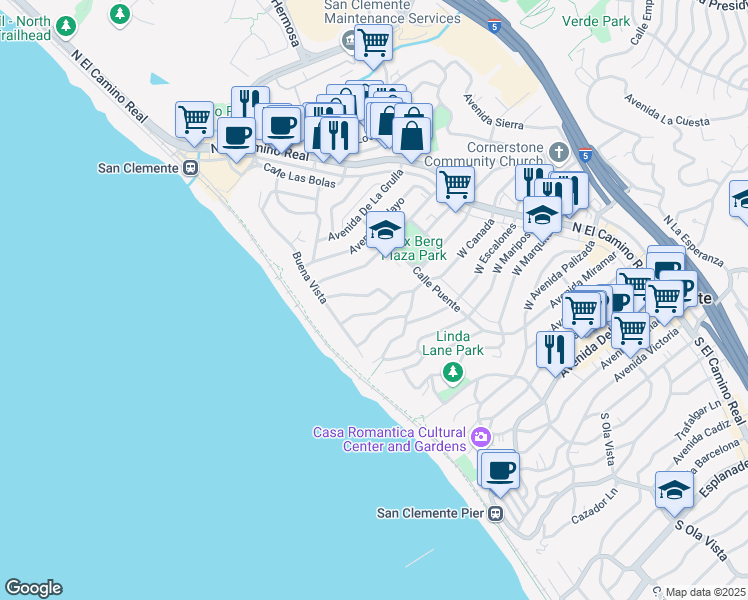 map of restaurants, bars, coffee shops, grocery stores, and more near 229 West El Portal in San Clemente