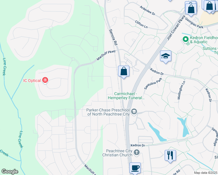 map of restaurants, bars, coffee shops, grocery stores, and more near 138 Senoia Road in Peachtree City