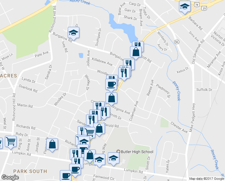 map of restaurants, bars, coffee shops, grocery stores, and more near 2537 Peach Orchard Rd in Augusta
