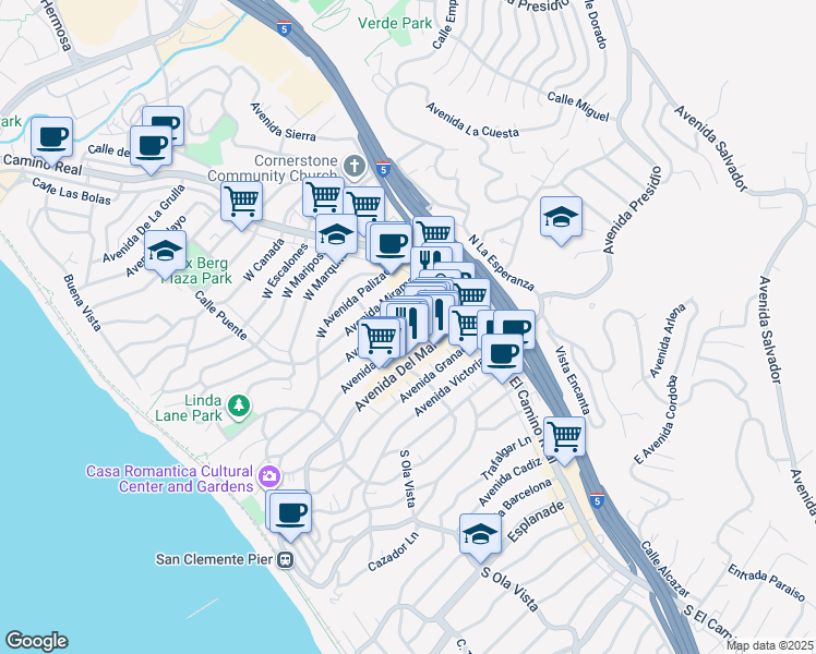 map of restaurants, bars, coffee shops, grocery stores, and more near 147 Avenida Serra in San Clemente