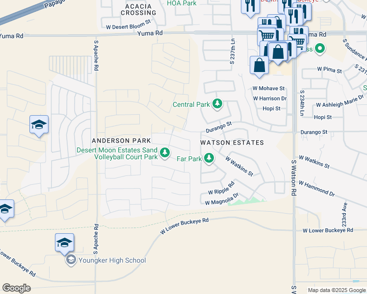 map of restaurants, bars, coffee shops, grocery stores, and more near 2084 S 238th Ln in Buckeye