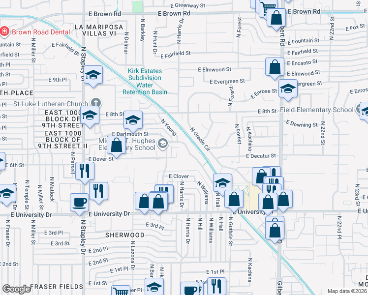 map of restaurants, bars, coffee shops, grocery stores, and more near 660 North Hall in Mesa