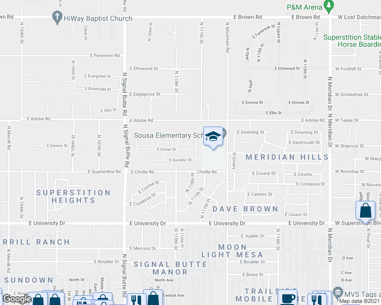 map of restaurants, bars, coffee shops, grocery stores, and more near 11037 East Dover Street in Mesa
