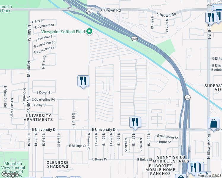 map of restaurants, bars, coffee shops, grocery stores, and more near Ln 2800 in Mesa