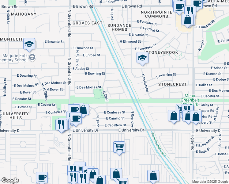 map of restaurants, bars, coffee shops, grocery stores, and more near 4641 East Des Moines Street in Mesa