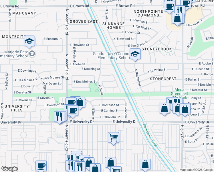 map of restaurants, bars, coffee shops, grocery stores, and more near 4641 East Des Moines Street in Mesa