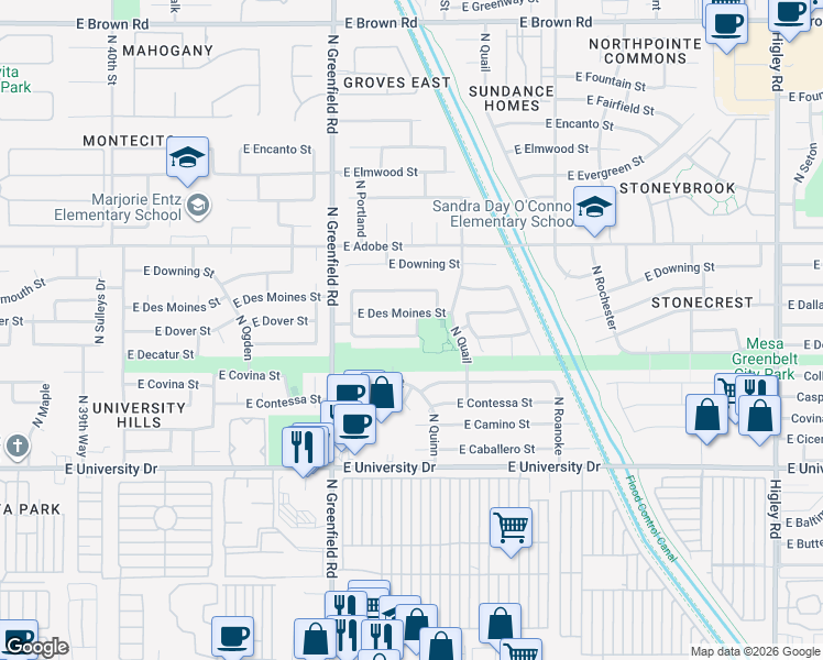 map of restaurants, bars, coffee shops, grocery stores, and more near 4521 East Des Moines Street in Mesa