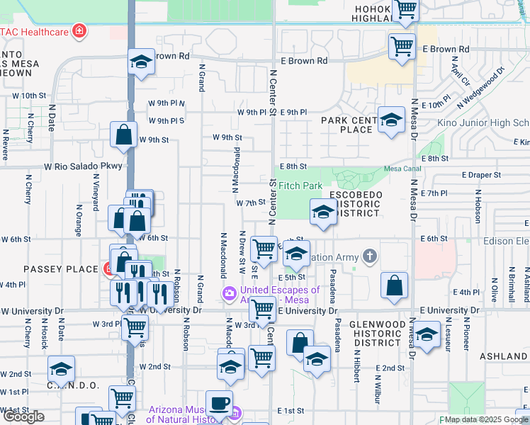 map of restaurants, bars, coffee shops, grocery stores, and more near 33 West 7th Street in Mesa
