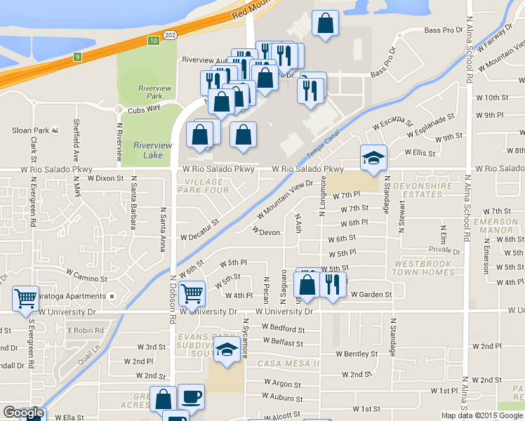 map of restaurants, bars, coffee shops, grocery stores, and more near 1738 West Mountain View Drive in Mesa