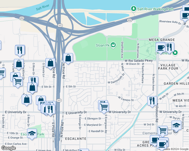 map of restaurants, bars, coffee shops, grocery stores, and more near 2401 East Rio Salado Parkway in Tempe