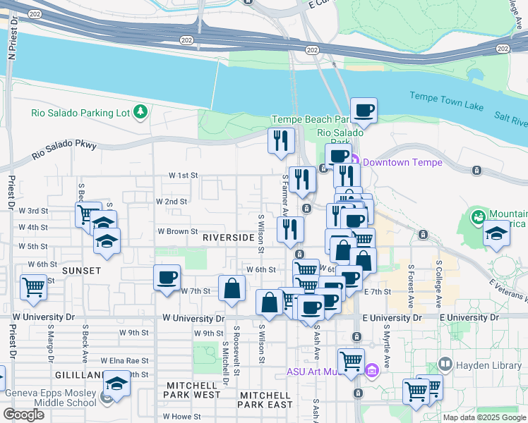 map of restaurants, bars, coffee shops, grocery stores, and more near 305 South Wilson Street in Tempe