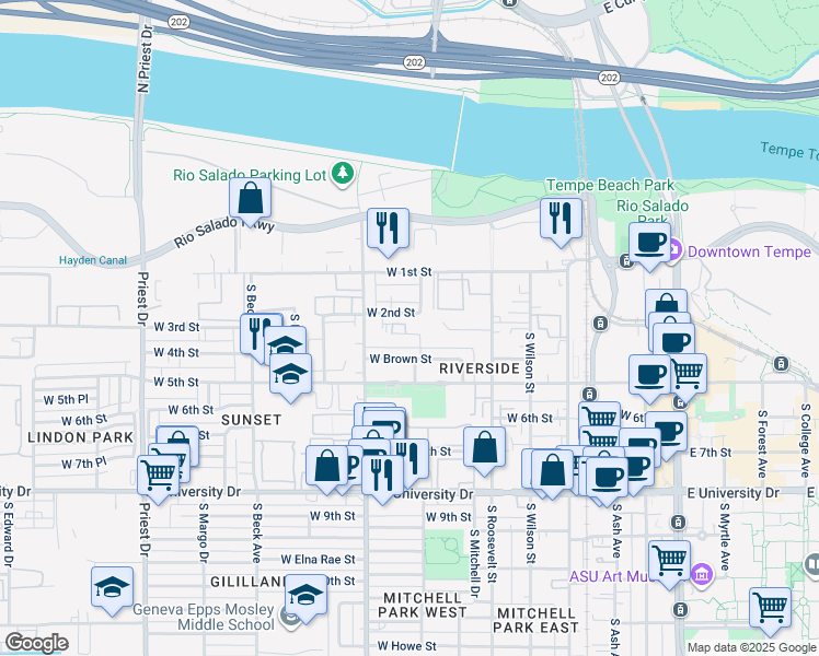 map of restaurants, bars, coffee shops, grocery stores, and more near 818 West 3rd Street in Tempe