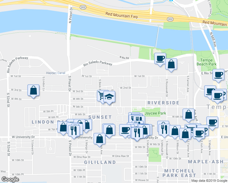 map of restaurants, bars, coffee shops, grocery stores, and more near 206 South Westfall Avenue in Tempe
