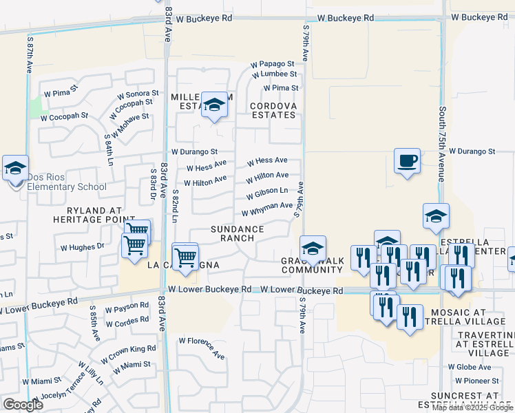 map of restaurants, bars, coffee shops, grocery stores, and more near 8029 West Gibson Lane in Phoenix