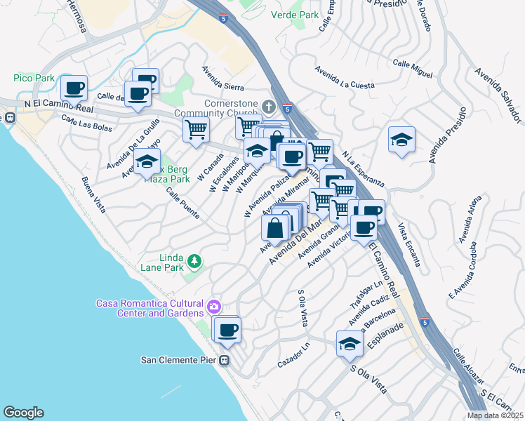 map of restaurants, bars, coffee shops, grocery stores, and more near 221 West Avenida Palizada in San Clemente