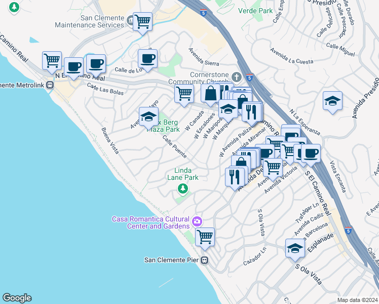 map of restaurants, bars, coffee shops, grocery stores, and more near 155 West Escalones in San Clemente