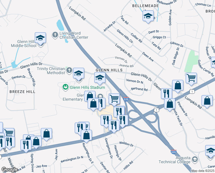 map of restaurants, bars, coffee shops, grocery stores, and more near 2810 Vernon Court in Augusta