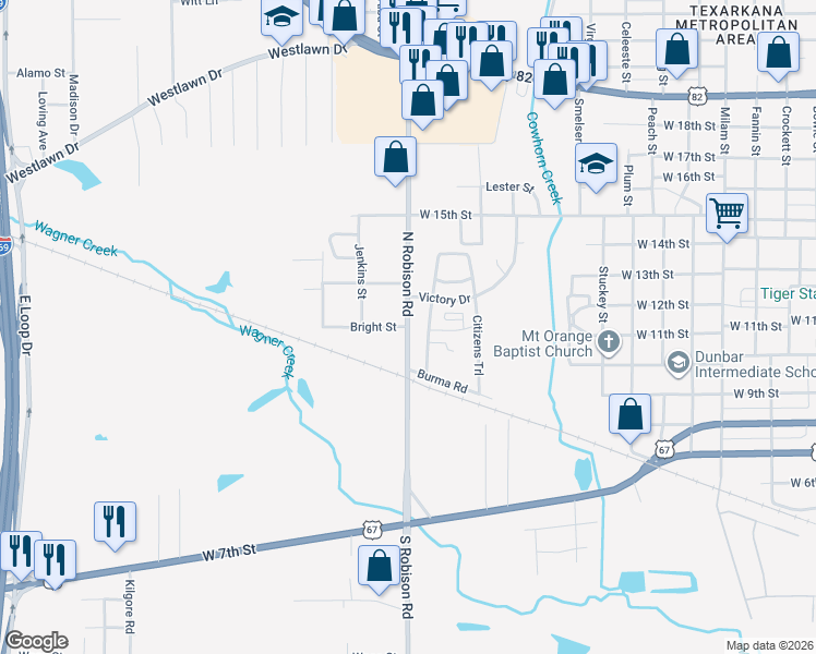 map of restaurants, bars, coffee shops, grocery stores, and more near 1100-1120 North Robison Road in Texarkana
