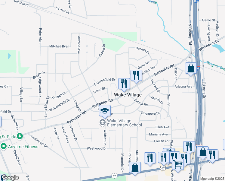 map of restaurants, bars, coffee shops, grocery stores, and more near 523 Redwater Road in Wake Village