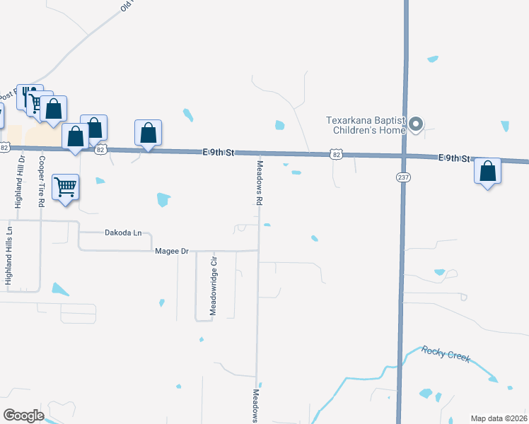 map of restaurants, bars, coffee shops, grocery stores, and more near 600 Meadows Road in Texarkana